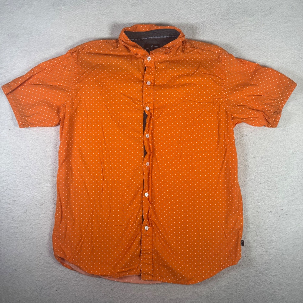 o15 Button Down Shirt Mens XL Orange Polka Dot Short Sleeve Cotton Excellent
